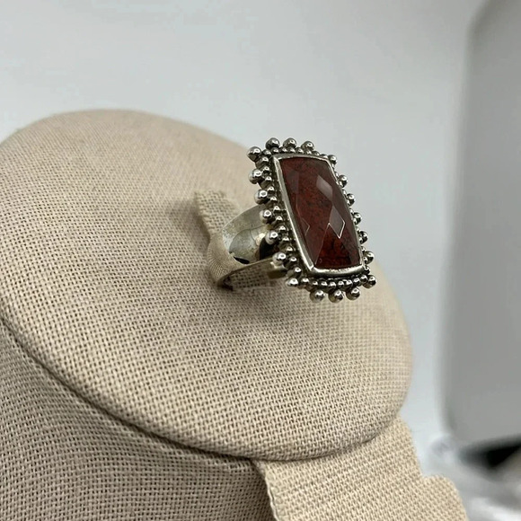 Vintage Sterling Silver Jasper Ring with Ornate Beaded Setting – Size 6.75 - Picture 4 of 14